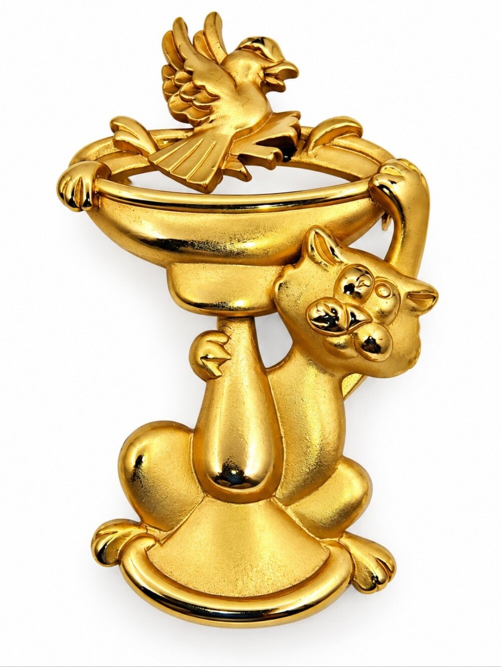 Vintage Gold Tone Articulating Cat & Bird Brooch – 2.5"